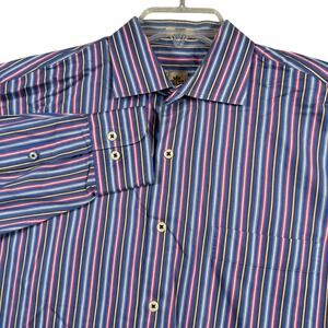 Peter Millar Mens Medium Blue‎ Pink Striped Long Sleeve Button Down Shirt Cotton
